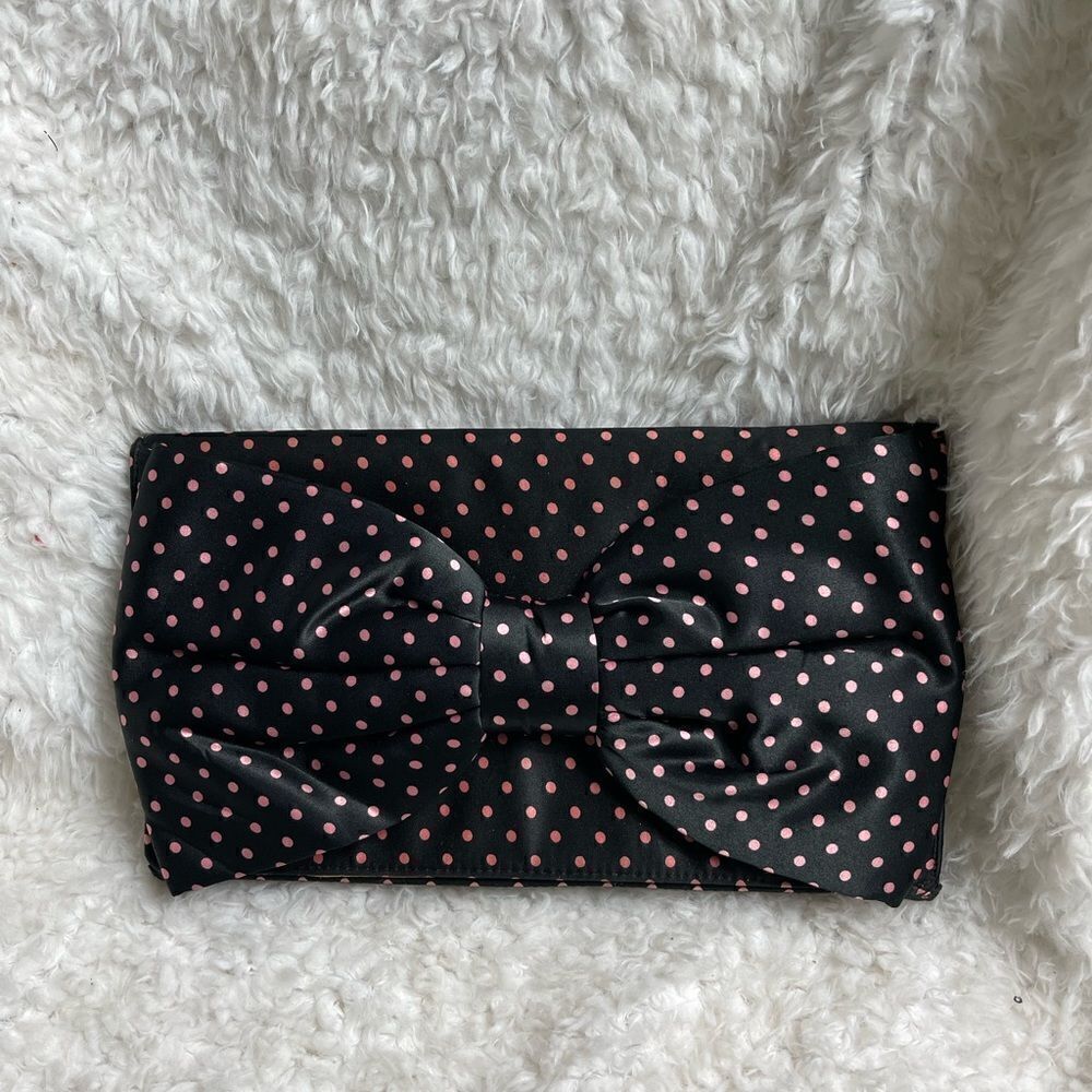 COPY - Betsey Johnson Satin Navy blue and pink polka dots Satin clutch with bow…